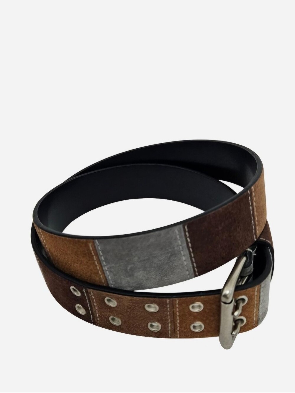 Suede leather brown & gray patchwork belt with white stitching - Picture 2 of 8